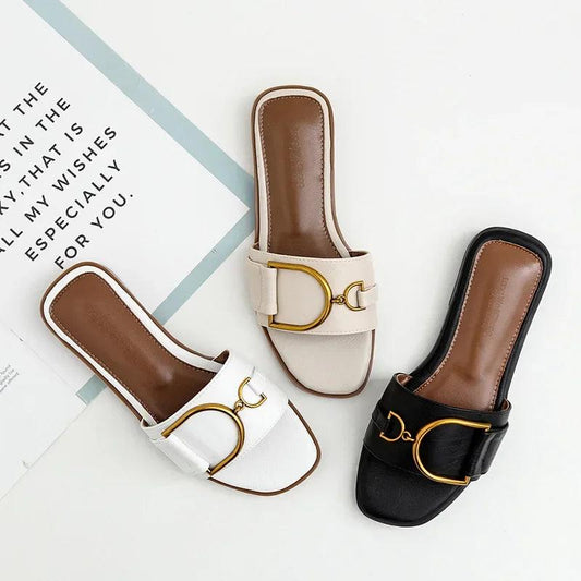 Summer Women Slippers Leather Square Toe Women Flats Flip Flops Designer Ladies Slides Sandals Women Shoes Luxury Sandals - So Real Fashion