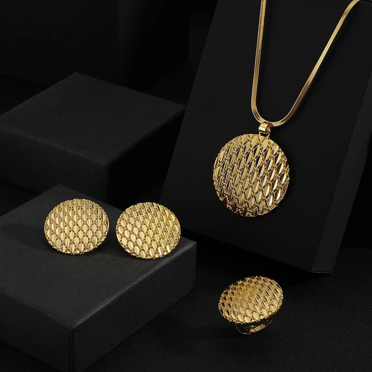 Golden Stainless steel necklace + earrings + ring Set for Women's Jewelry glossy round geometric flowers Pendant Fashion Gift - So Real Fashion