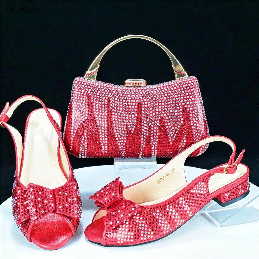 Autumn Fashion PU With Rhinestone Woman Sandal Shoes And Bag Set Elegant Low Heels Shoes And Bag To Match Set For Party - So Real Fashion