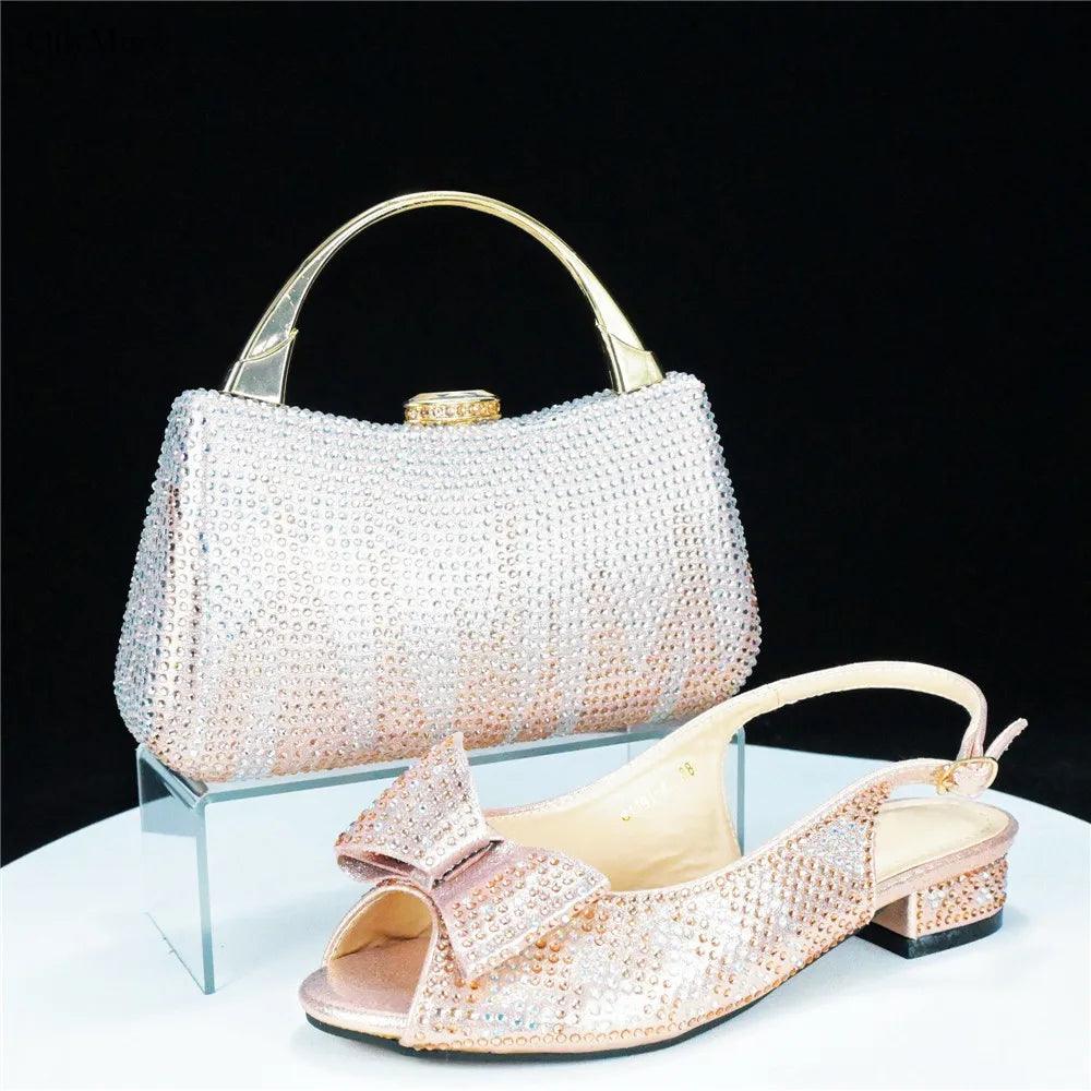 Autumn Fashion PU With Rhinestone Woman Sandal Shoes And Bag Set Elegant Low Heels Shoes And Bag To Match Set For Party - So Real Fashion