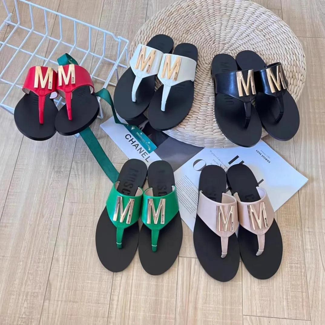 Women's Summer New Leather Slouchy Style Fashion Versatile Casual Flat Comfortable Slippers Women's M Button Thong Slippers - So Real Fashion