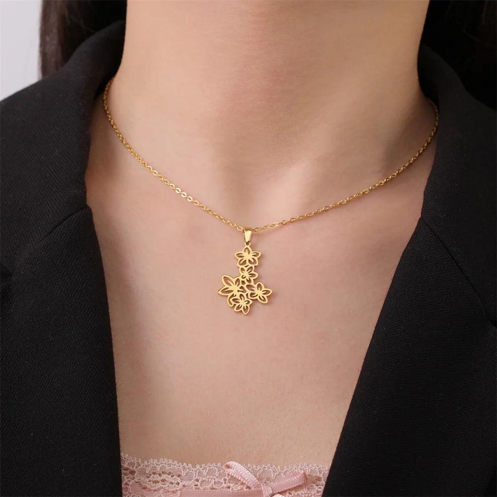 My Shape Flower Clusters Pendants Necklaces for Women Girls Stainless Steel Elegant Floral Charms Choker Chain Fashion Jewelry - So Real Fashion