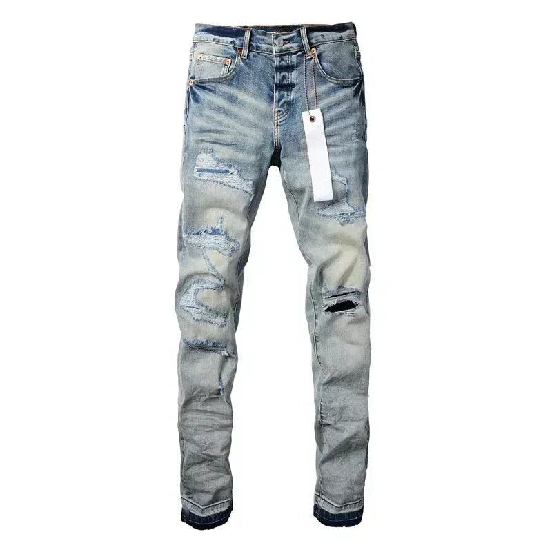 Purples Jeans Men denim pants distressed slim fitting paint brands Fashion Repair Low Rise Skinny Denim pants - So Real Fashion