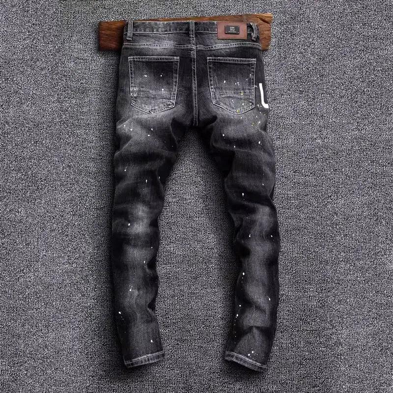 Street Fashion Men Jeans Retro Black Gray Stretch Slim Fit Painted Ripped Jeans Men Printed Designer Hip Hop Denim Pants Hombre - So Real Fashion