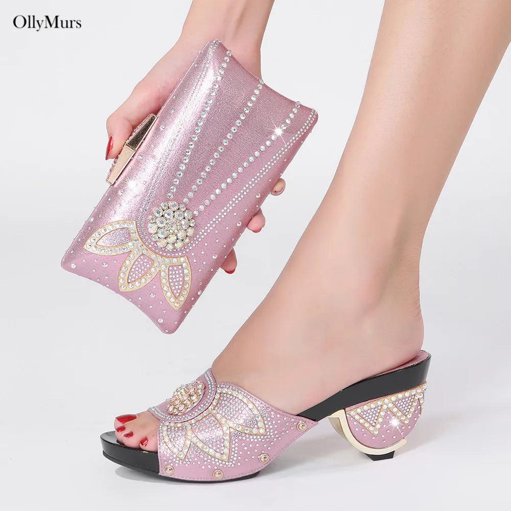 High Quality Italian Rhinestone Purple Color Shoes And Bags Set Fashion Slipper Pumps Woman Shoes And Bag To Match Set For Party - So Real Fashion