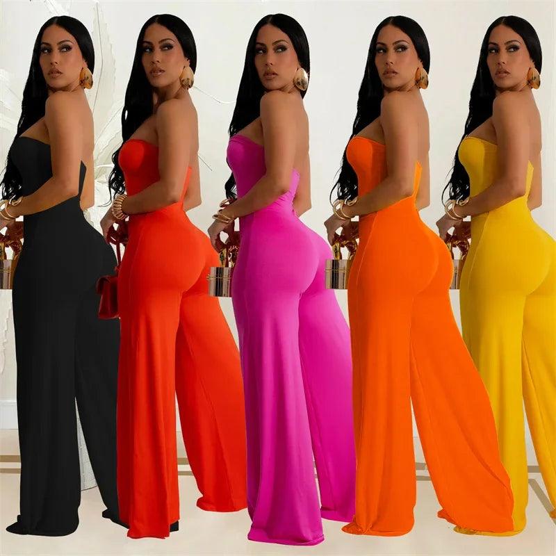 Metal Ring Tube Strapless Wide Leg Overall Jumpsuit Women Elegant Sleeveless Backless Rompers Night Club Party Birthday Outfits - So Real Fashion