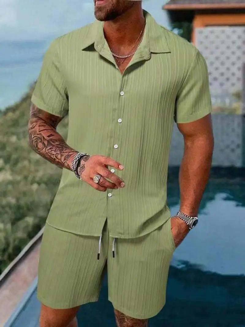 Men's beach suit striped solid color short sleeve shorts shirt Sports casual breathable lightweight high quality men's wear ins - So Real Fashion