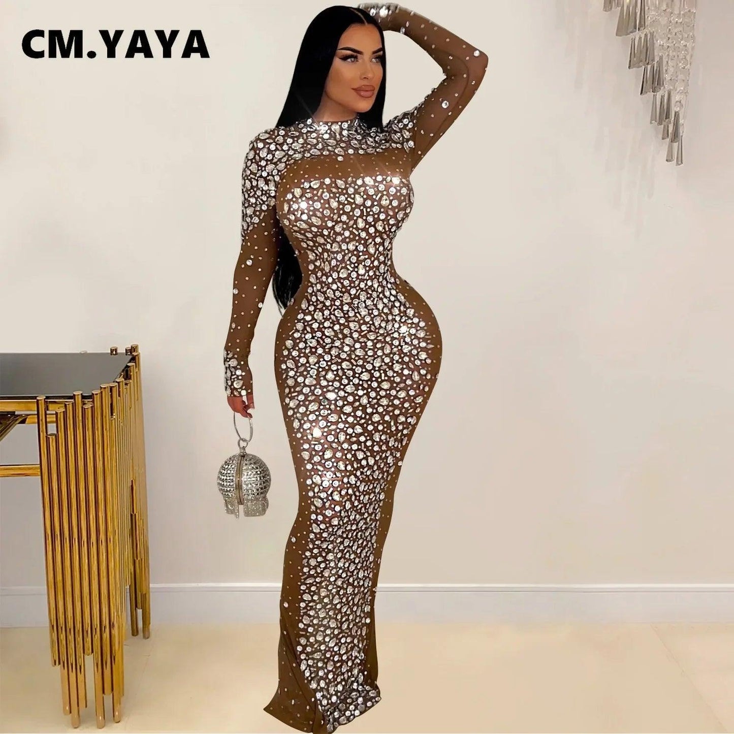 Women Long Sleeve Mesh Diamonds Hot Rhinestones Bodycon Midi Dress Women’s Maxi Long Evening Birthday Dresses - So Real Fashion