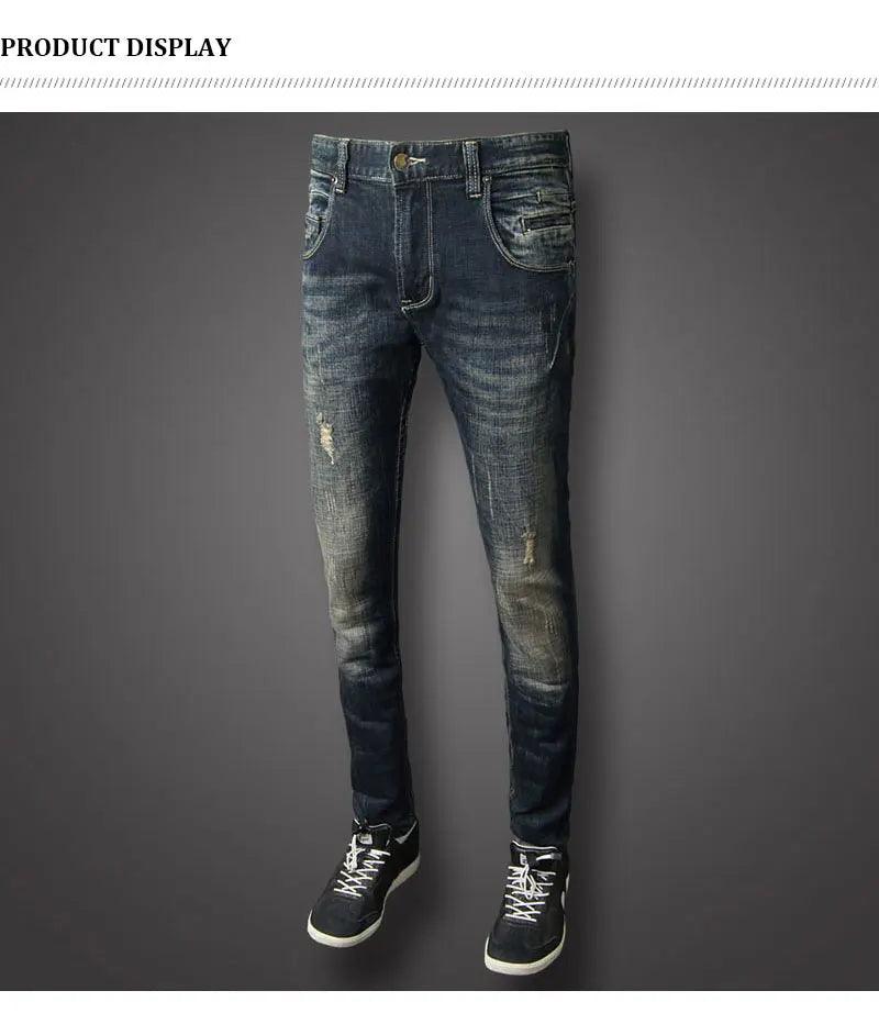 Fashion Streetwear Men Jeans Retro Black Blue Stretch Slim Fit Ripped Jeans Men Spliced Designer Hip Hop Vintage Denim Pants - So Real Fashion