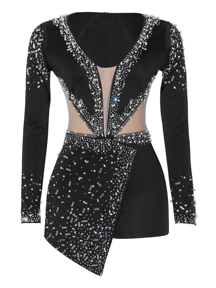 Women Sexy Rompers V-Neck Mesh Rhinestone Skinny Long Sleeve Playsuits - So Real Fashion