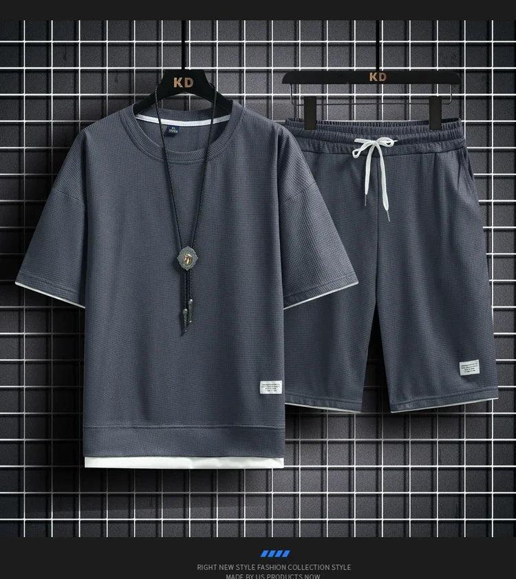 Men's new Waffle Summer Suit 2024 Casual T-shirt + Shorts Suit Men's Tracksuit Solid color tracksuit loose suit - So Real Fashion