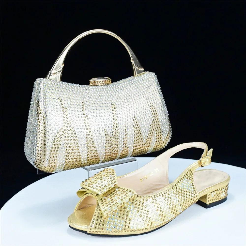 Autumn Fashion PU With Rhinestone Woman Sandal Shoes And Bag Set Elegant Low Heels Shoes And Bag To Match Set For Party - So Real Fashion