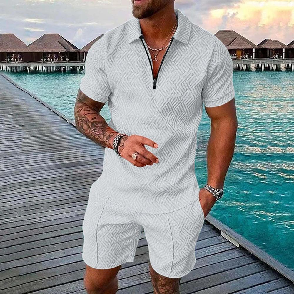 Men's Athletic T-Shirt Set Casual Mesh Lapel Short Sleeve Pullover Tops+Shorts 2-Piece Male Solid Thin Sporty Suits Black Zipper - So Real Fashion