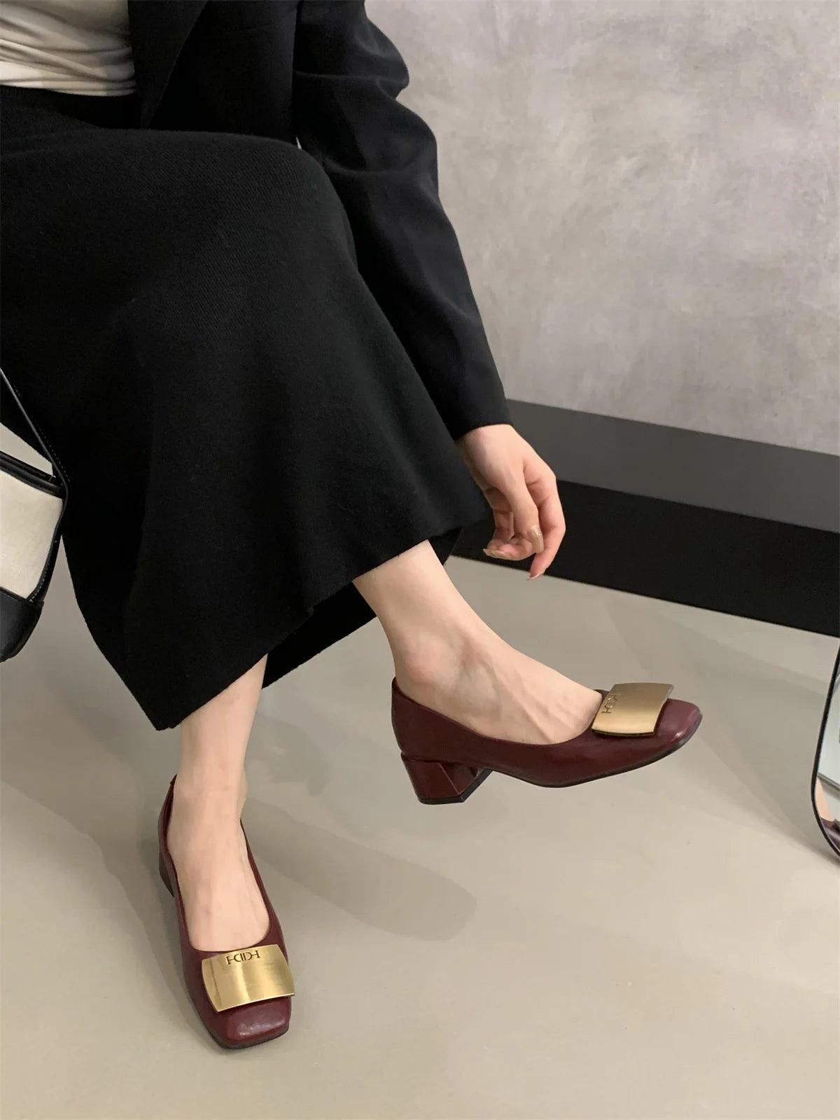 Metal Buckle Elegant Mid Heel Shoes Street Style Women's Chunky Heels Pumps Shoes Spring Retro Autumn Shoes for Women Fashion - So Real Fashion