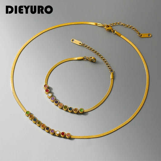 DIEYURO 316L Stainless Steel Colourful Zircon Necklace Bracelet For Women New Vintage Lady Jewelry Set Party Lovers Gift Bijoux - So Real Fashion