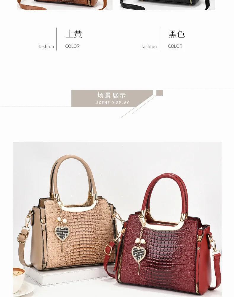 Glossy Crocodile Pattern Handbag, Women's Top Handle Satchel Purse, Fashion Crossbody Bag With Tassel Pendant - So Real Fashion