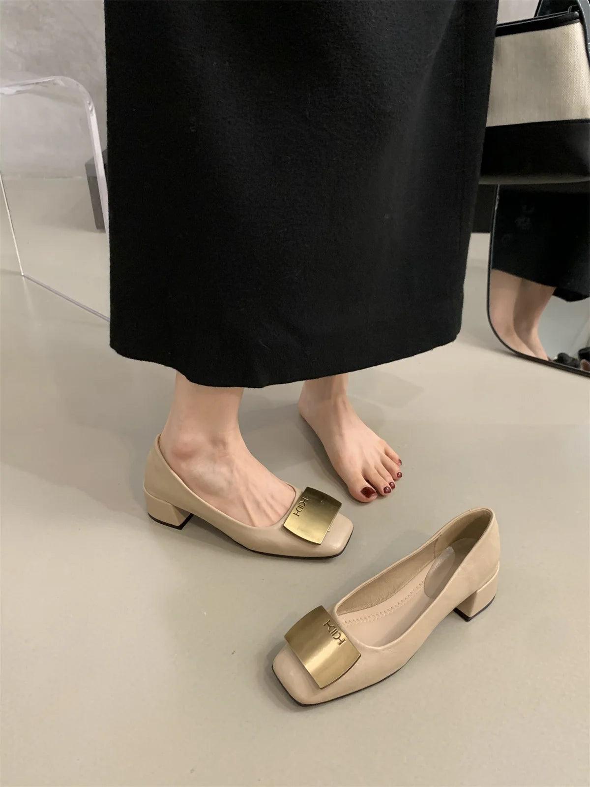 Metal Buckle Elegant Mid Heel Shoes Street Style Women's Chunky Heels Pumps Shoes Spring Retro Autumn Shoes for Women Fashion - So Real Fashion