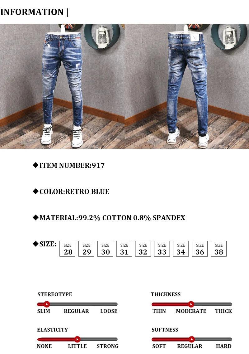 Fashion Streetwear Men Jeans Retro Blue Elastic Slim Fit Ripped Jeans Men Painted Designer Elastic Hip Hop Denim Pencil Pants - So Real Fashion