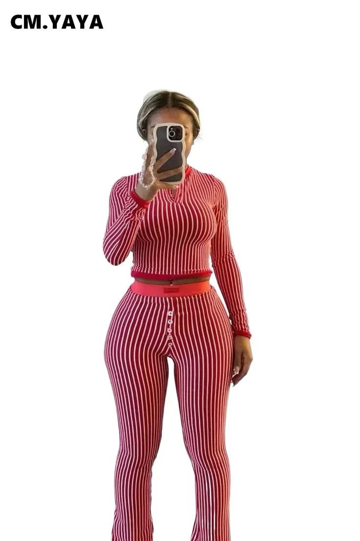 Women's Set Long Sleeve Striped Crop T-shirt + Flare Pants Active Fitness Streetwear Two 2 Piece Sets Outfits Tracksuit - So Real Fashion