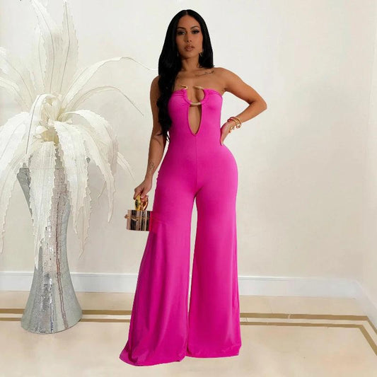 Metal Ring Tube Strapless Wide Leg Overall Jumpsuit Women Elegant Sleeveless Backless Rompers Night Club Party Birthday Outfits - So Real Fashion