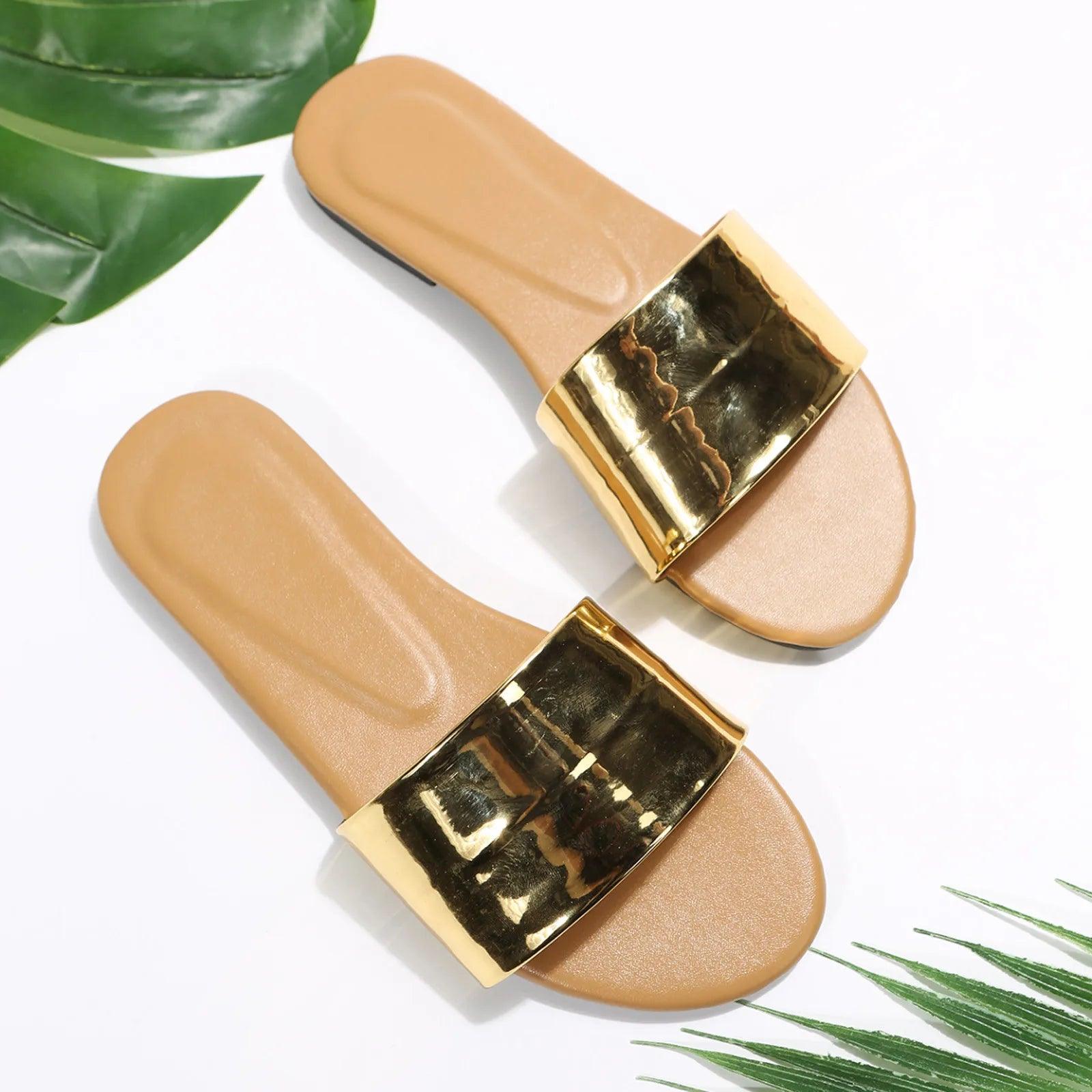 Gold Leather Slippers Women Sexy Low Heels Flip Flops Fashion Luxury Outdoor Sliders Casual Sandals Zapatos Flat Shoes for Women - So Real Fashion