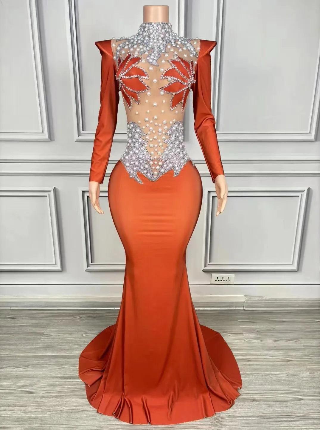 Sparkly Rhinestones Pearls Floor Length Dress Women Sexy Stage Mesh Evening CLub Prom Wedding Celebrate Birthday Photoshoot Wear - So Real Fashion