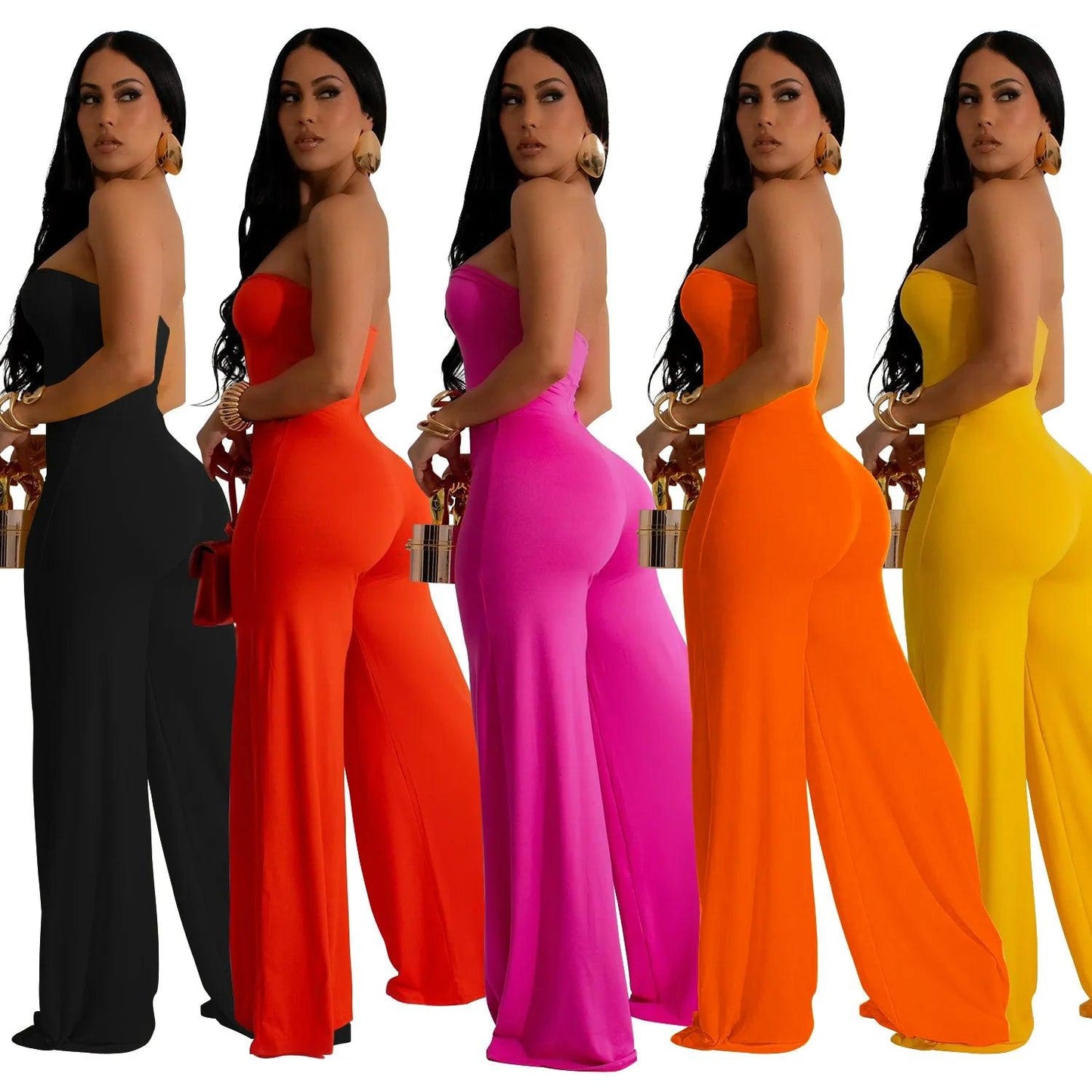 LKF Fashion Party Women's Jumpsuit Solid Color Chest Wrap Off Shoulder Hollow Fit Sexy Wide Leg Long Jumpsuit - So Real Fashion