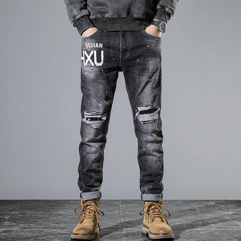 Ripped Jeans Men Black Gray Slim Stretch Hip Hop Denim Pants Moto Patch Distressed Trousers Man Grunge Letters Original Designer - So Real Fashion