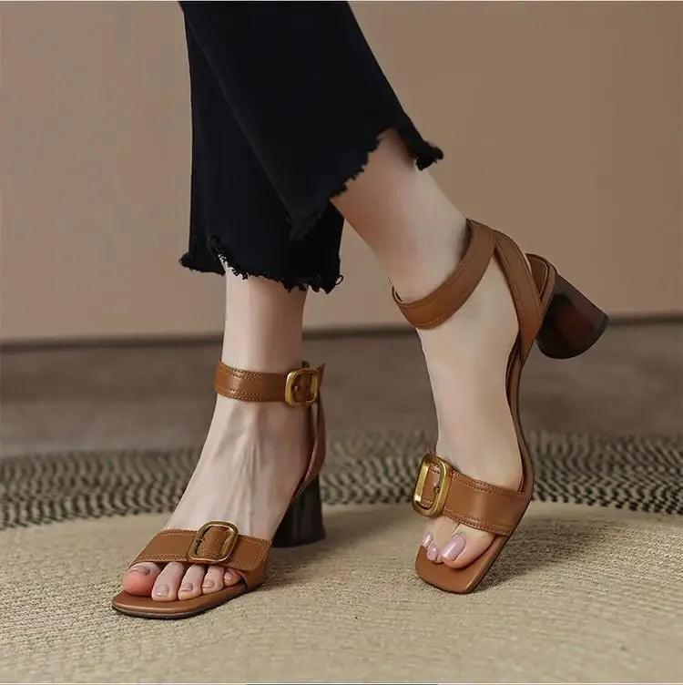 Ankle Strap VINTAGE Sandals for Women Open Toe High Heels Sandalias De Mujer Belt Buckle Square Heeled Women Pumps - So Real Fashion