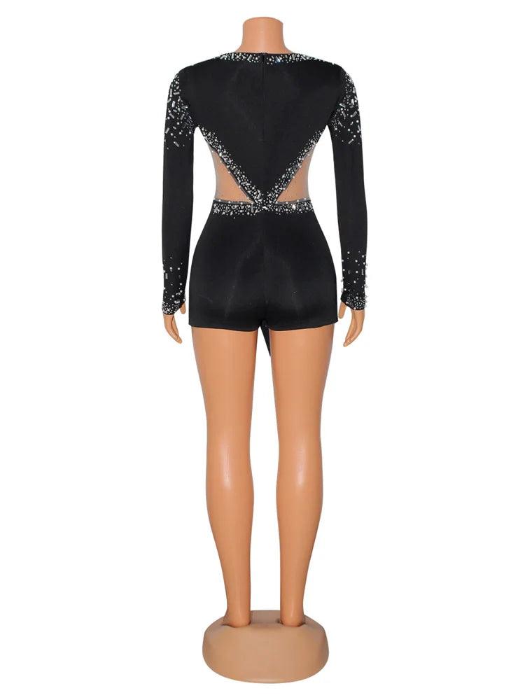 Women Sexy Rompers V-Neck Mesh Rhinestone Skinny Long Sleeve Playsuits - So Real Fashion