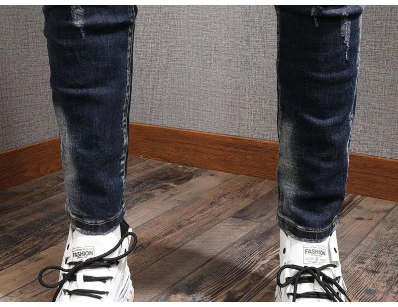 Fashion Streetwear Men Jeans Retro Blue Elastic Slim Fit Ripped Jeans Men Painted Designer Elastic Hip Hop Denim Pencil Pants - So Real Fashion