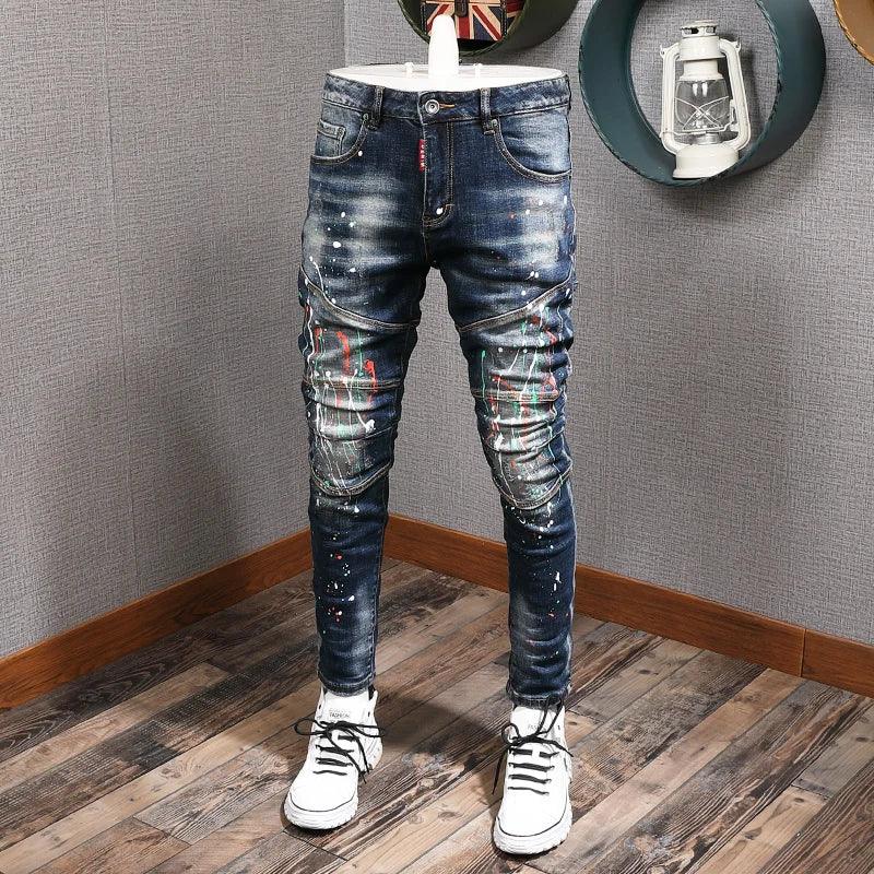 Fashion Streetwear Men Jeans Retro Blue Elastic Slim Fit Ripped Jeans Men Painted Designer Elastic Hip Hop Denim Pencil Pants - So Real Fashion