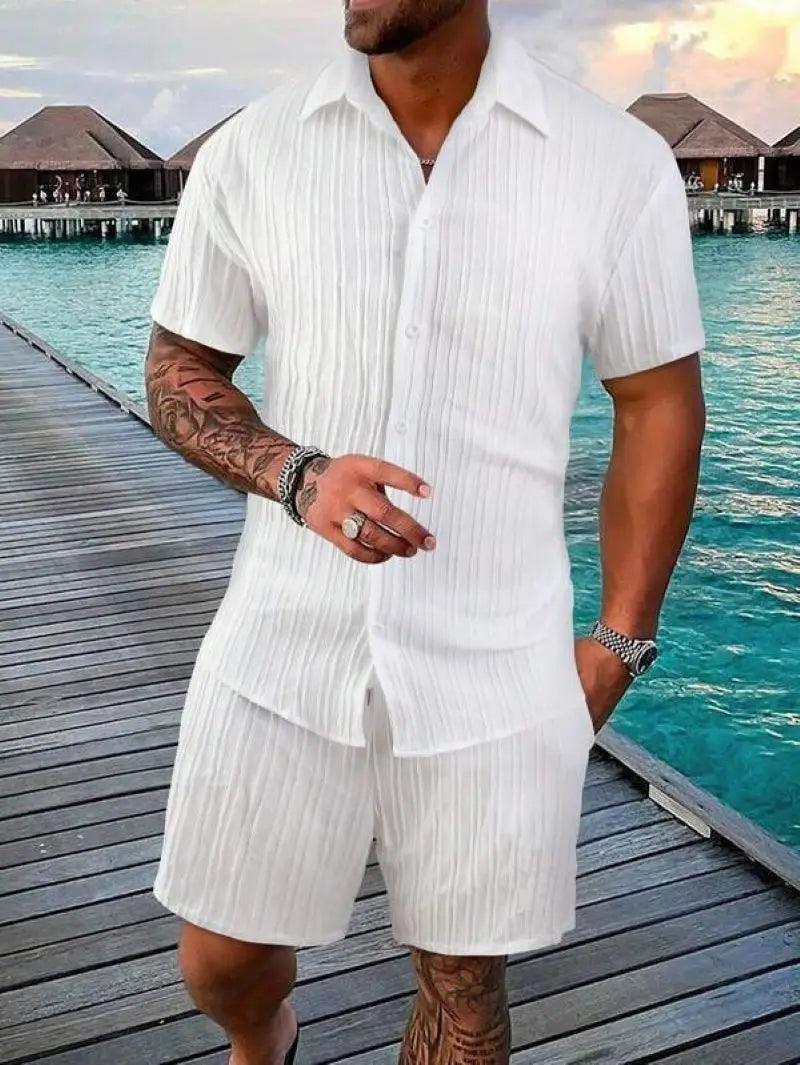 Men's beach suit striped solid color short sleeve shorts shirt Sports casual breathable lightweight high quality men's wear ins - So Real Fashion