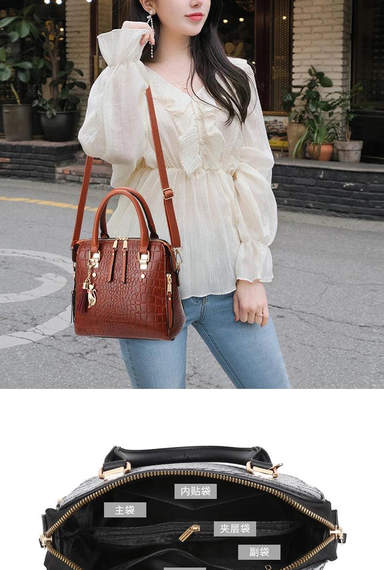 Crocodile Pattern Top Handle Crossbody Bag, PU Leather Satchel Bag Purse, Classic Versatile Fashion Shoulder Bag - So Real Fashion