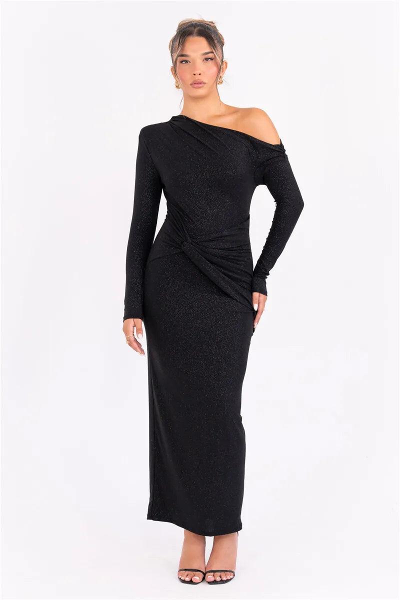 Mozision Sparkle Long Sleeve Sexy Maxi Dress For Women Inclined Shoulder Backless Bodycon Ruched Club Party Sexy Long Dress - So Real Fashion