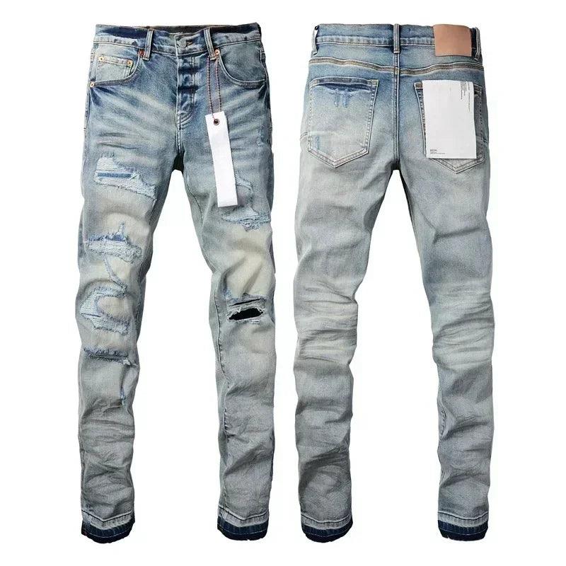 Purples Jeans Men denim pants distressed slim fitting paint brands Fashion Repair Low Rise Skinny Denim pants - So Real Fashion