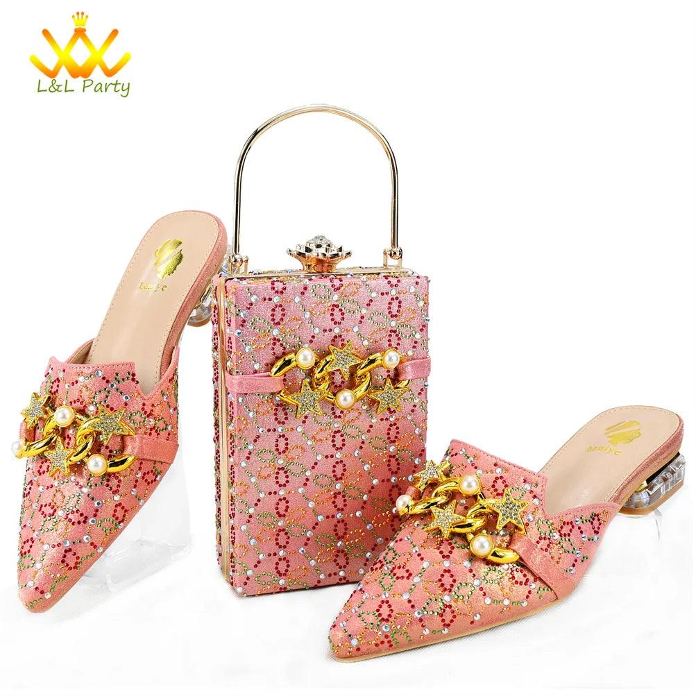 Low Heels Comfortable Sweet Style Italian Design Shoes Matching Bag Set in Orange Color High Quality with Crystal for Dress - So Real Fashion