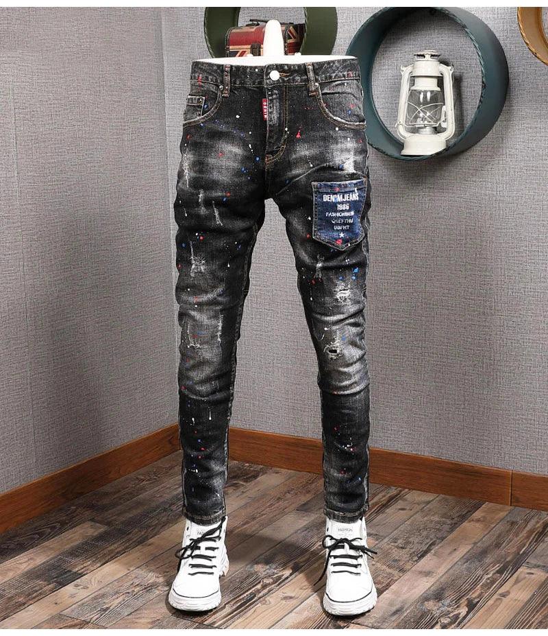 Fashion Streetwear Men Jeans Retro Blue Elastic Slim Fit Ripped Jeans Men Painted Designer Elastic Hip Hop Denim Pencil Pants - So Real Fashion