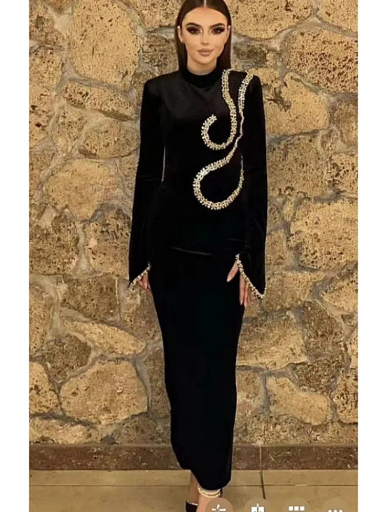 High Quality Shining Diamonds Half High Collar Black Long Bandage Dress Elegant Woman Evening Party Dress Cocktail Party Outfit - So Real Fashion