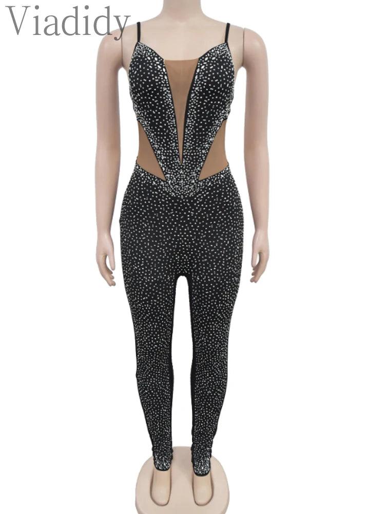 Sexy Sheer Mesh Pacthwork Rhinestone Decor Sleeveless Skinny Jumpsuit - So Real Fashion