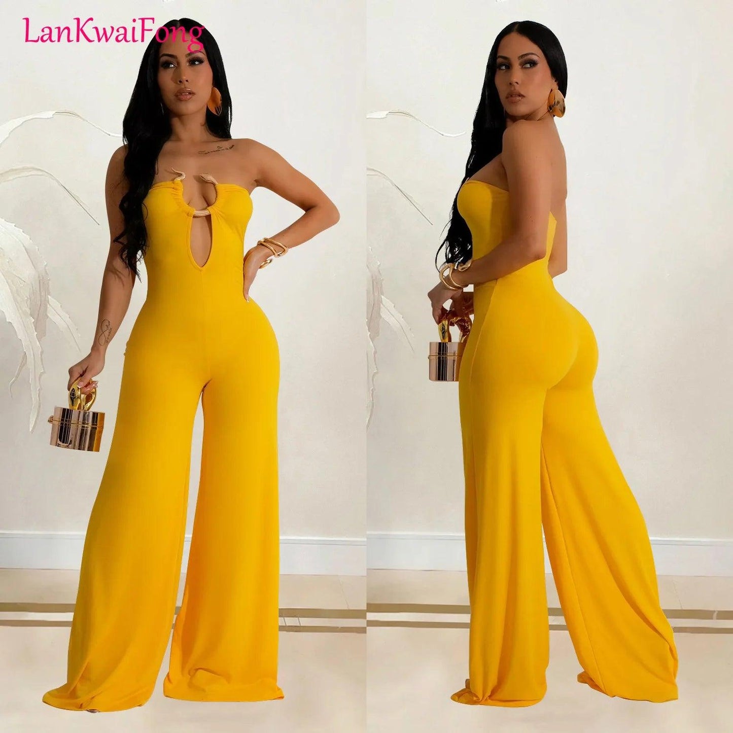 LKF Fashion Party Women's Jumpsuit Solid Color Chest Wrap Off Shoulder Hollow Fit Sexy Wide Leg Long Jumpsuit - So Real Fashion