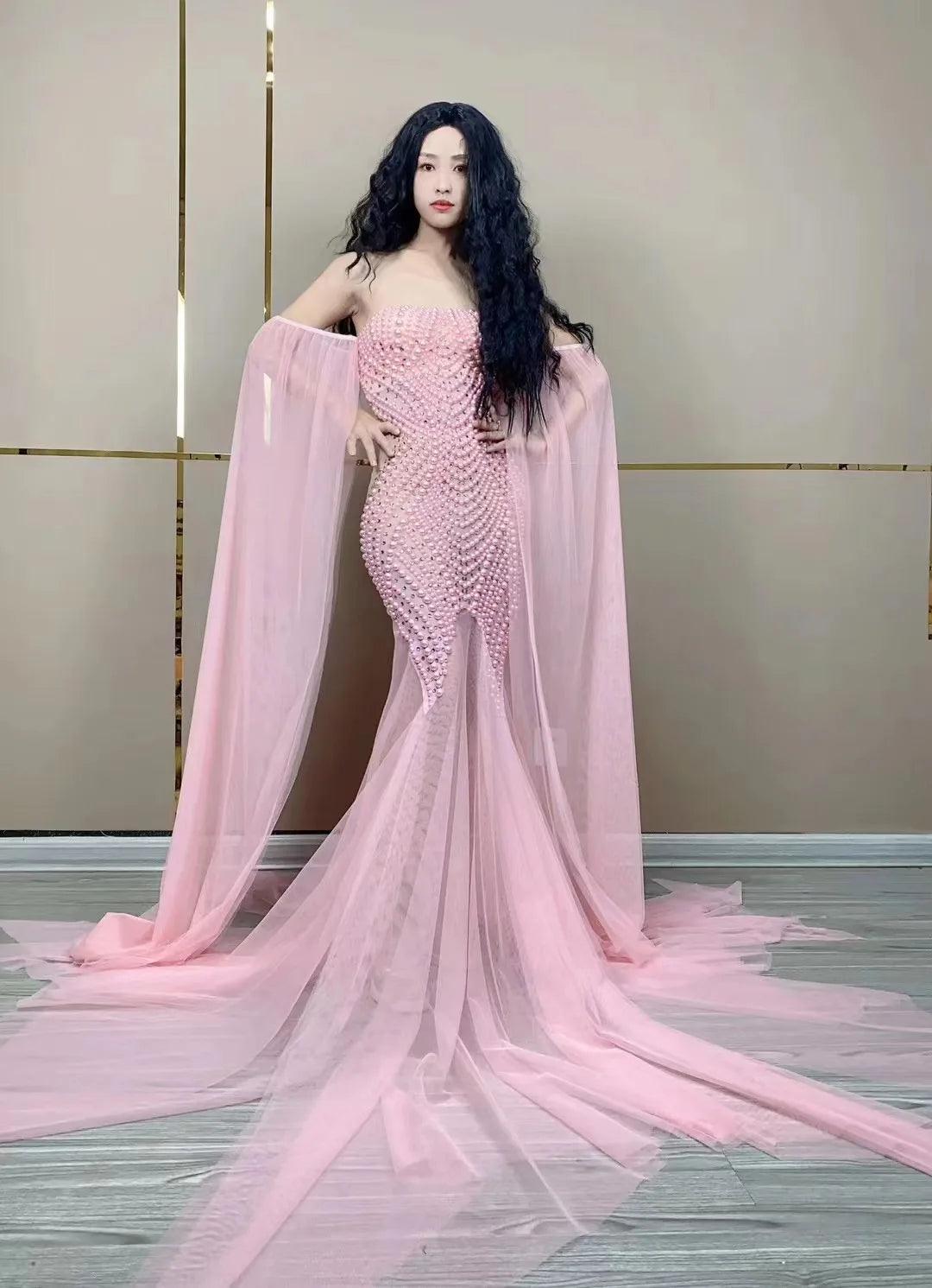 Sexy Stage Pink Mesh Pearls Dress Women Dance Costumes Birthday Bar Nightclub Party Dress Female Singer Performance Stage Outfit - So Real Fashion