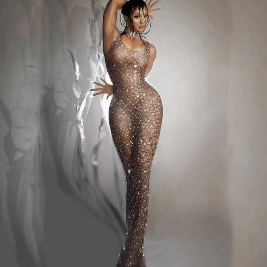 Silver Rhinestones Brown Transparent Mesh Dress Birthday Celebrate Evening Stretch Costume Sexy Stage Dance Performance Dress - So Real Fashion