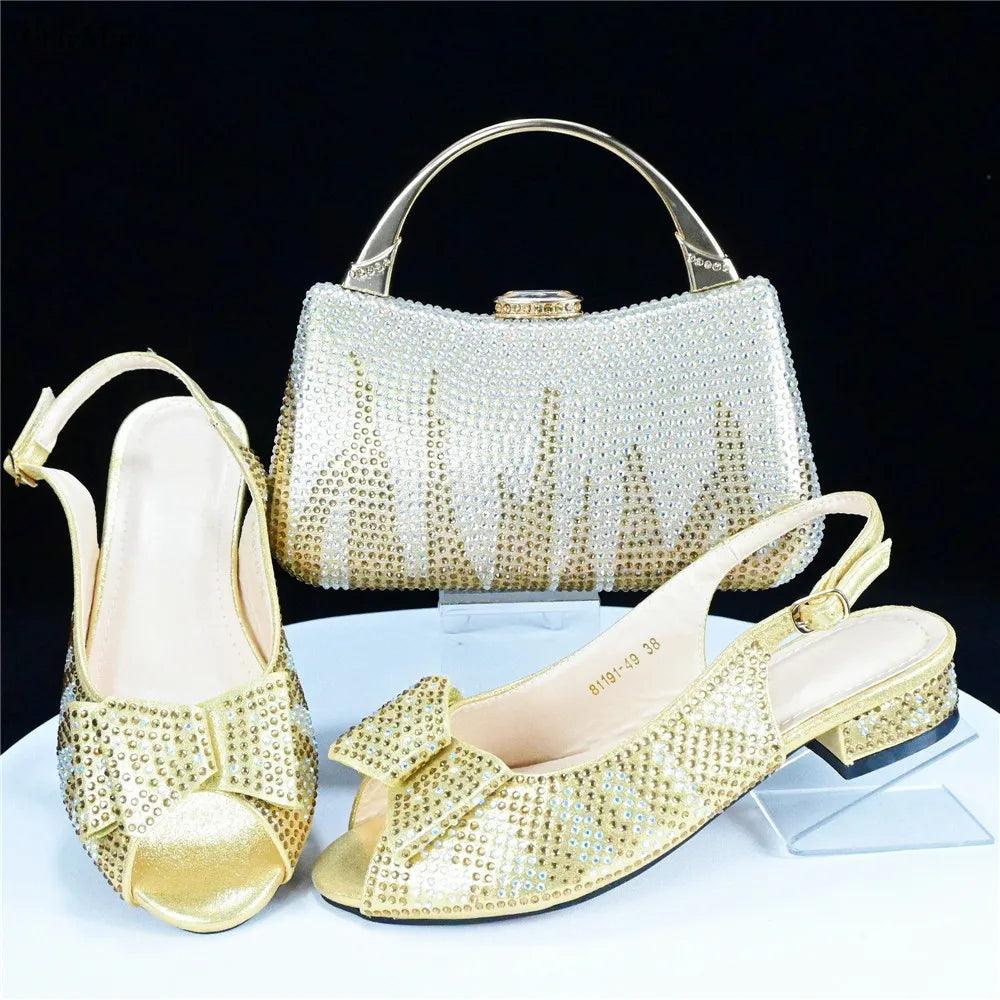 Autumn Fashion PU With Rhinestone Woman Sandal Shoes And Bag Set Elegant Low Heels Shoes And Bag To Match Set For Party - So Real Fashion