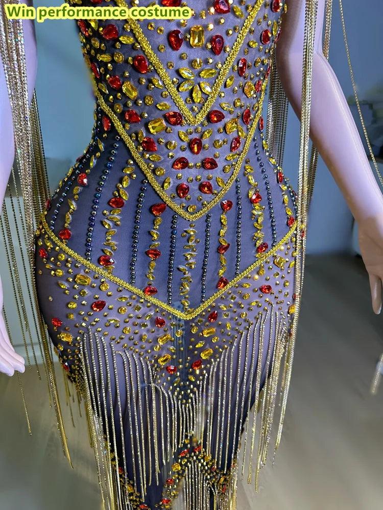 Sparkling Colored Rhinestones Tassels Hollowed Out Mesh Tight And Sexy Long Dress Nightclub Bar Performance Costumes - So Real Fashion