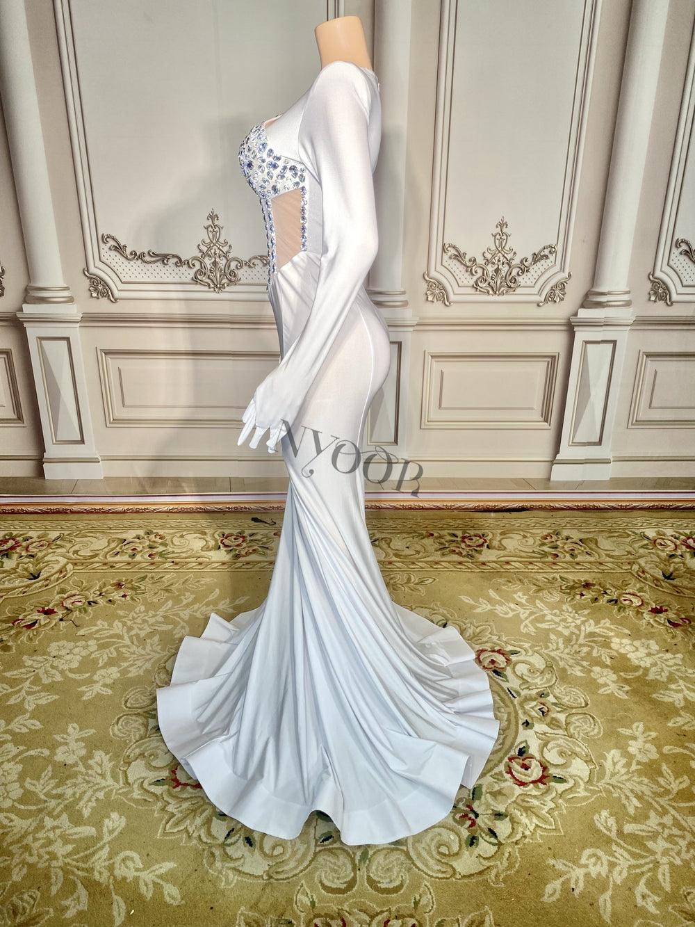 Sparkly Rhinestones White Mermaid Dress with Gloves for Women Elegant Birthday Celebrate Wedding Evening Prom Dresses - So Real Fashion