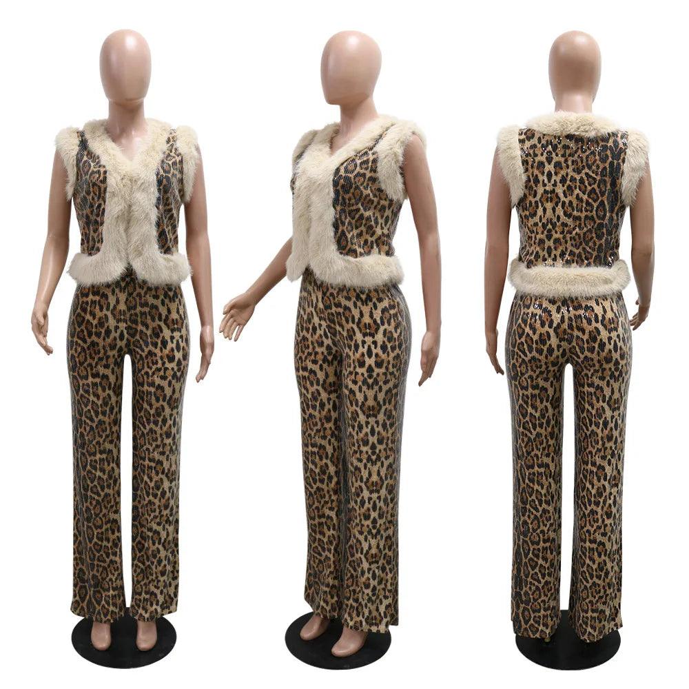 Women's Set Sleeveless Fur Leopard Sequined V-neck Wool Vest and Pant Suits 2024 Street Two 2 Piece Set Outfit Tracksuit - So Real Fashion