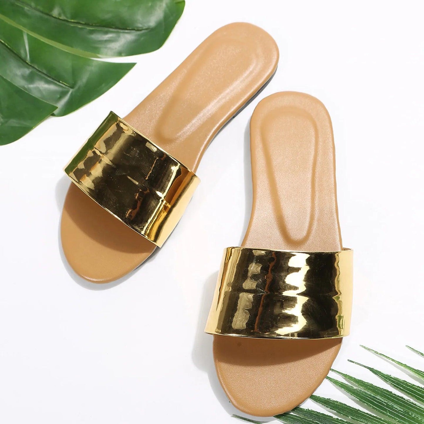 Gold Leather Slippers Women Sexy Low Heels Flip Flops Fashion Luxury Outdoor Sliders Casual Sandals Zapatos Flat Shoes for Women - So Real Fashion