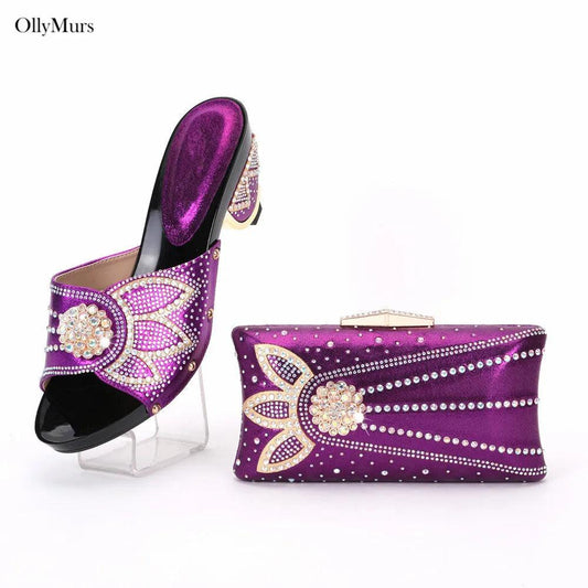 High Quality Italian Rhinestone Purple Color Shoes And Bags Set Fashion Slipper Pumps Woman Shoes And Bag To Match Set For Party - So Real Fashion