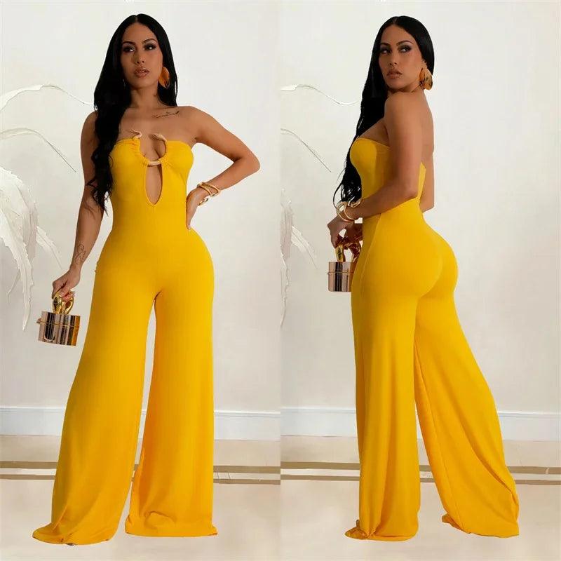 Metal Ring Tube Strapless Wide Leg Overall Jumpsuit Women Elegant Sleeveless Backless Rompers Night Club Party Birthday Outfits - So Real Fashion